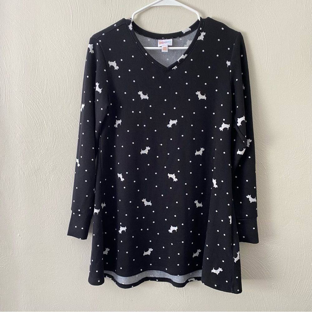 LuLaRoe Elizabeth Shirt, Scottie Dogs & Polka Dots, Black & White Size XXS